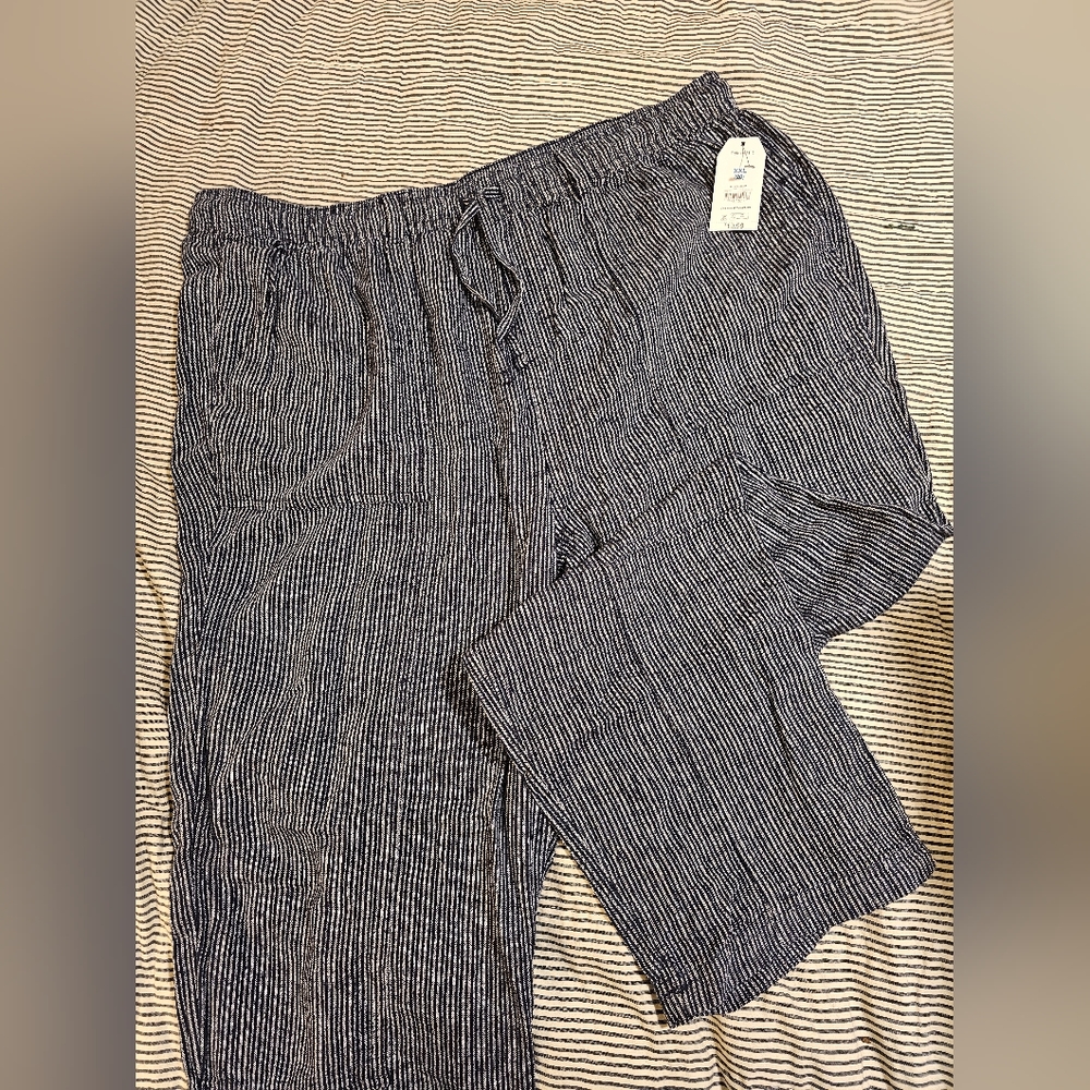 Navy Striped Linen Drawstring Pants